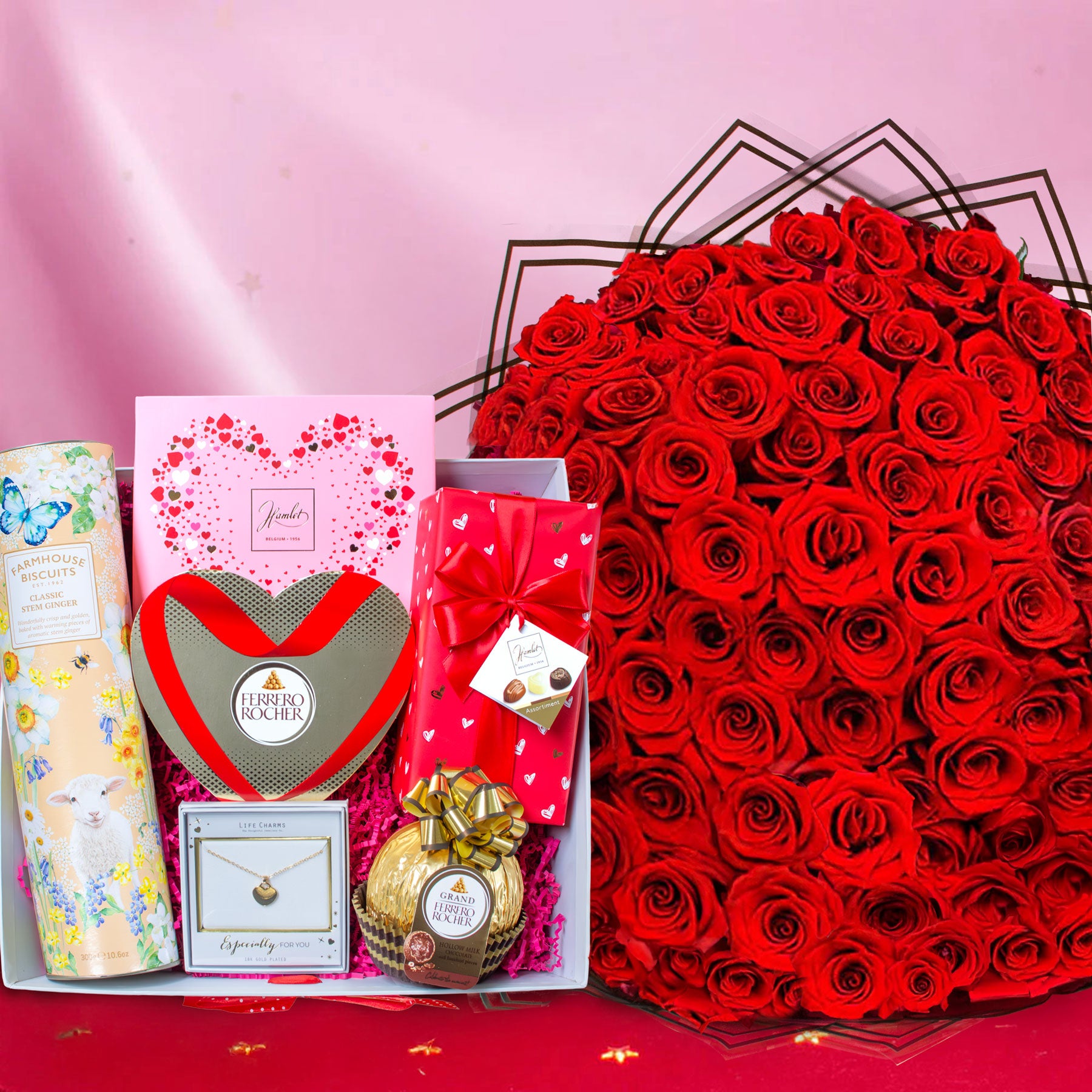 Amour 100 Red Roses & Chocolate Hamper With Necklace