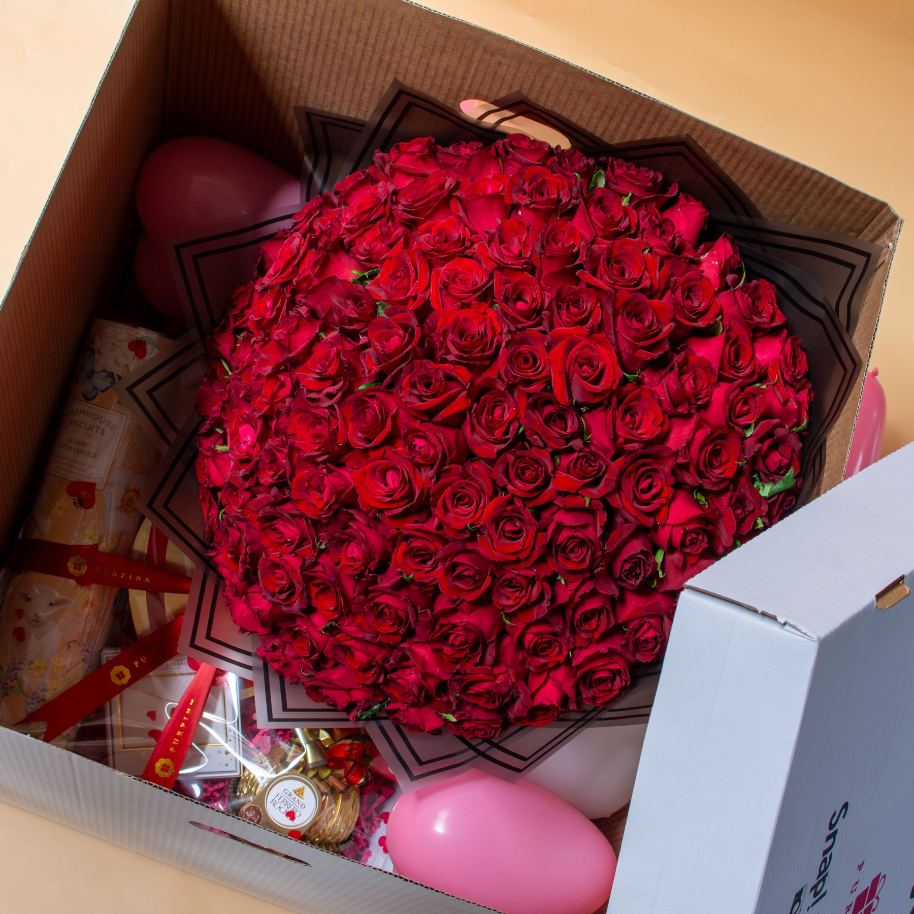 Amour 100 Red Roses & Chocolate Hamper With Necklace