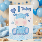 Baby Boy 1st Birthday Card (Blue Hippo)