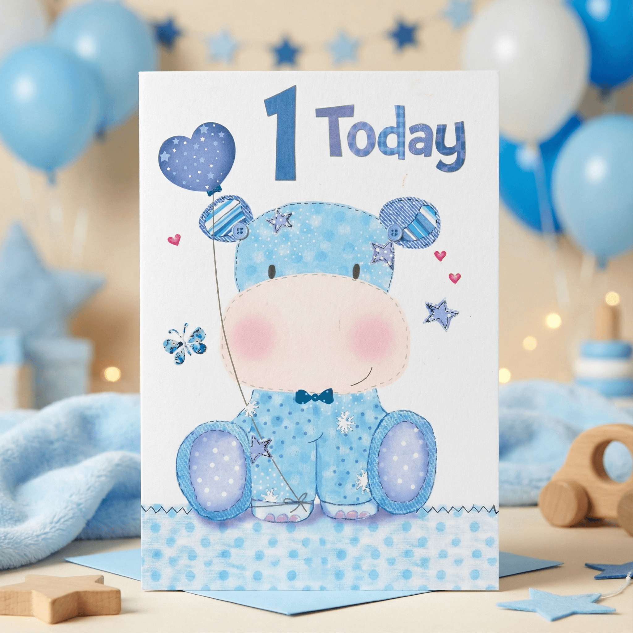 Baby Boy 1st Birthday Card (Blue Hippo)