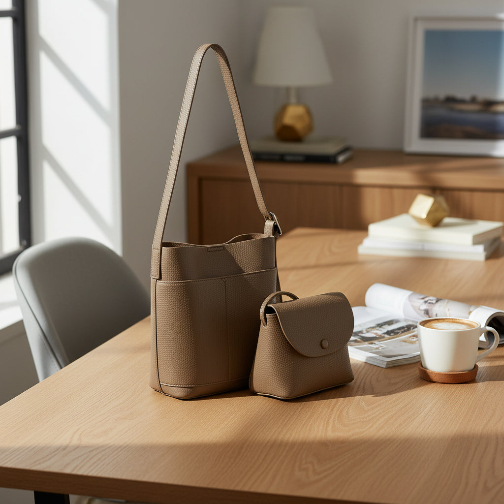 2-in-1 Vegan PU Leather Tote Purse for Women/Bucket Shoulder Bag for Everyday Use – 25 × 9 × 27 cm