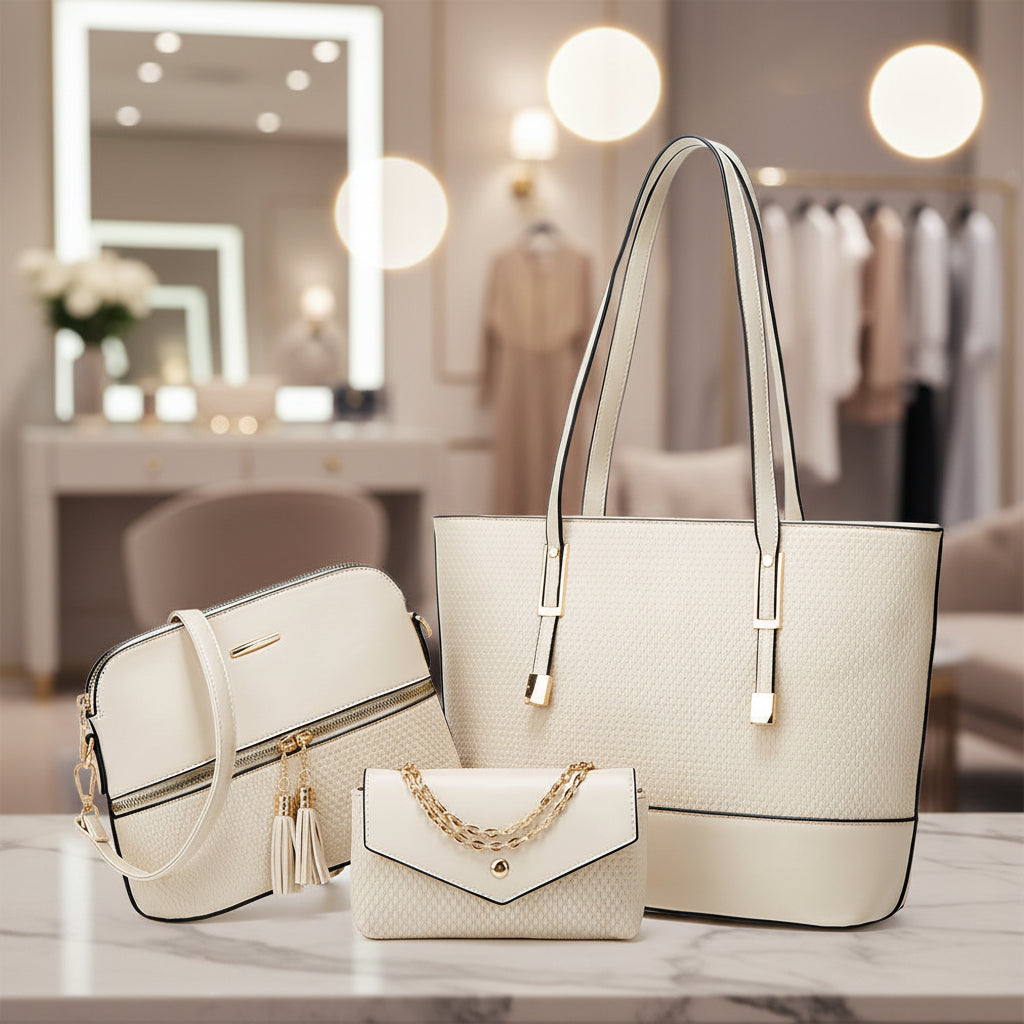 3-Piece Women’s PU Leather Women Handbag Set / Tote, Shoulder Bag & Wallet with Top Handles – 38 × 12 × 27 cm