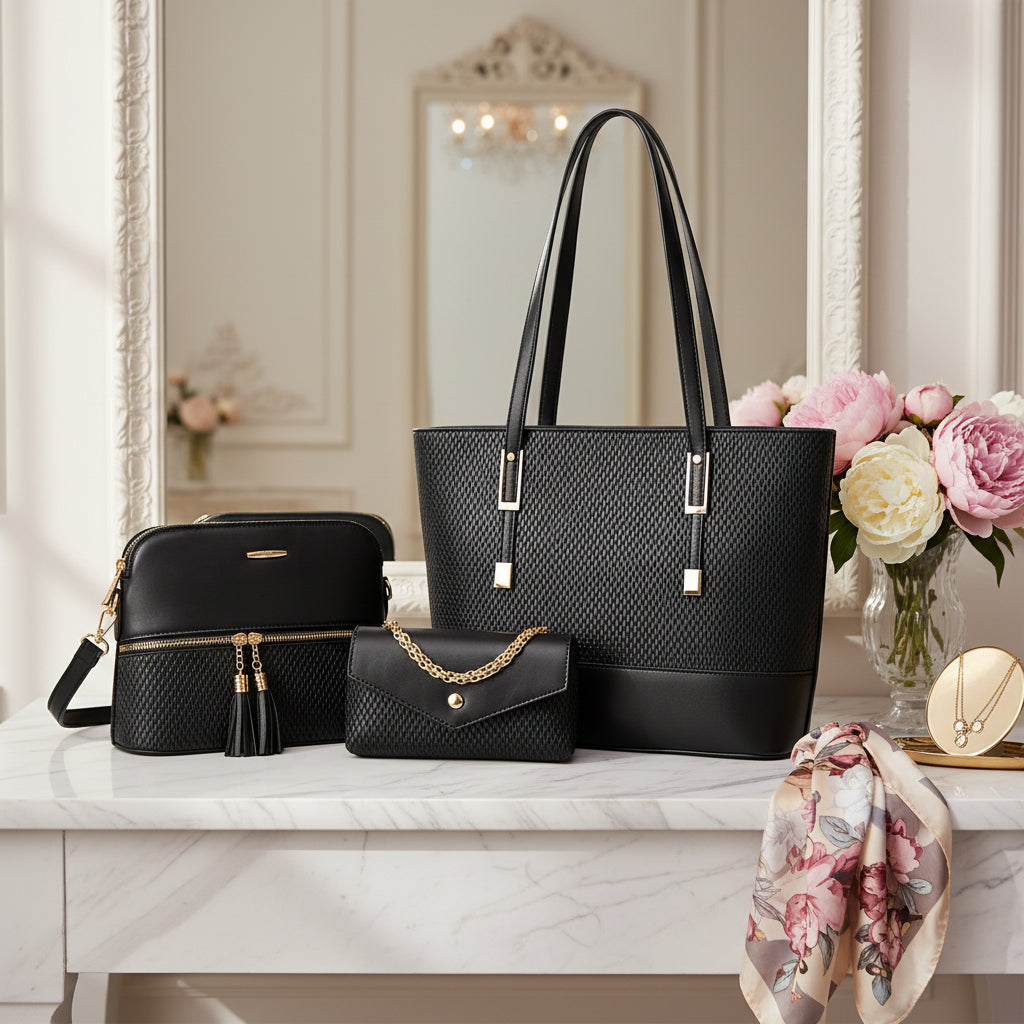 3-Piece Women’s PU Leather Women Handbag Set / Tote, Shoulder Bag & Wallet with Top Handles – 38 × 12 × 27 cm