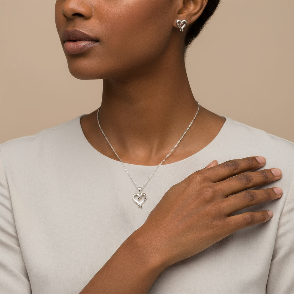 Silver Plated Crystal Heart Necklace & Earrings Gift Set