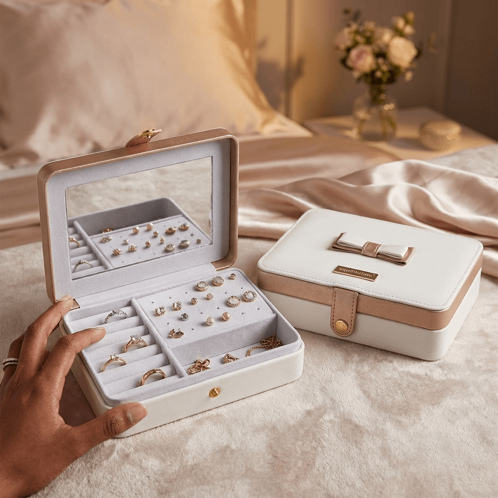 EQ Rectangle Jewellery Box with Mirror – White & Rose Gold