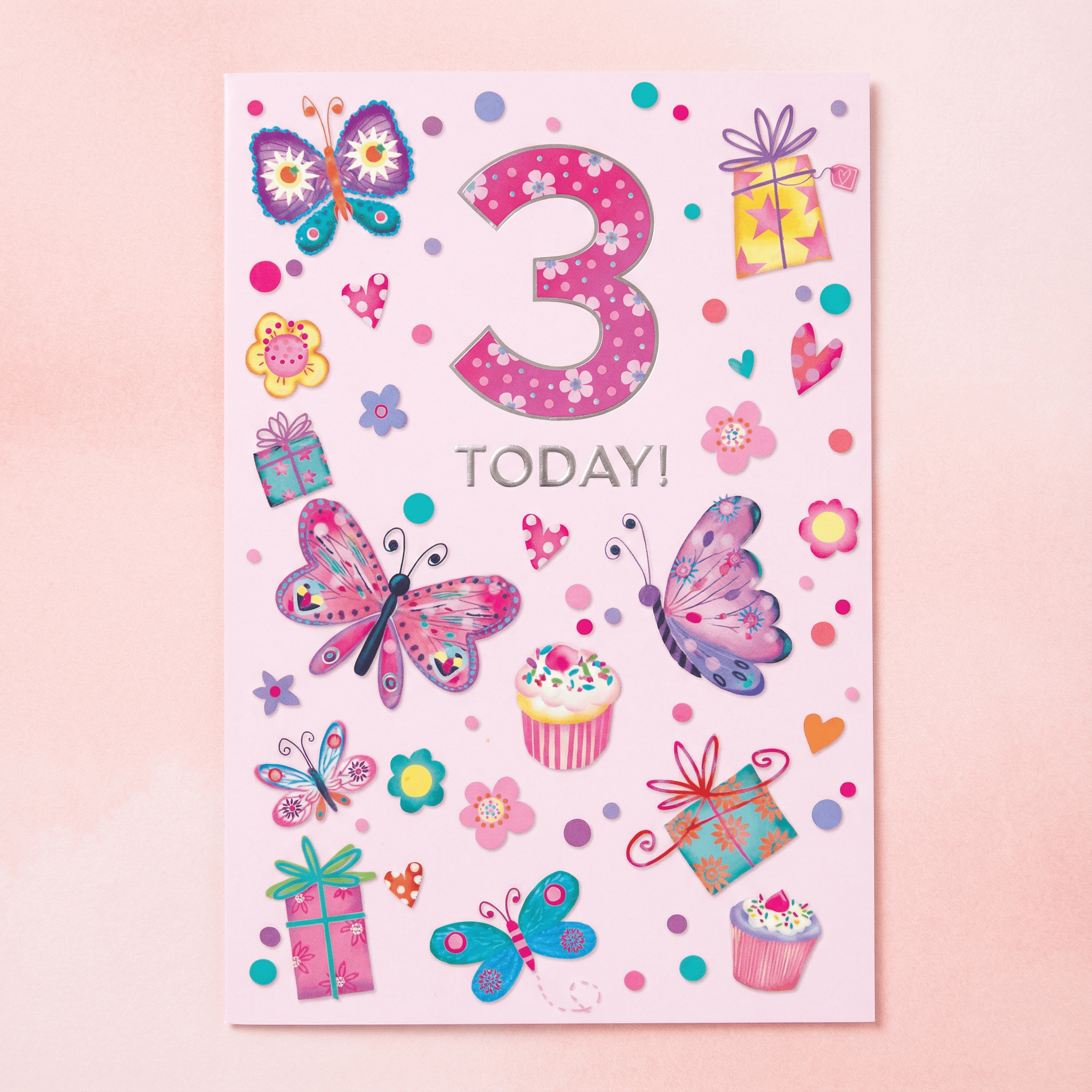 3 Today – Butterfly & Cupcake Birthday Card (Pink)