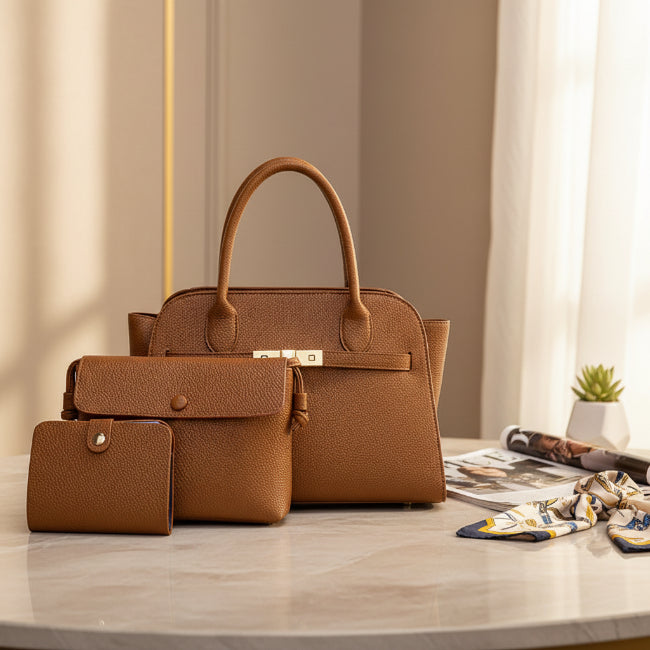 3-Piece Women’s PU Leather Tote Bag Set / Sling, Wallet & Handbag – 32 × 16 × 22 cm