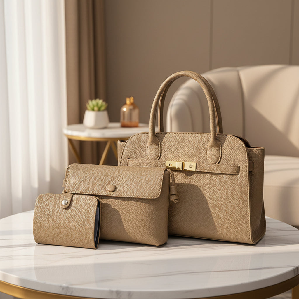 3-Piece Women’s PU Leather Tote Bag Set / Sling, Wallet & Handbag – 32 × 16 × 22 cm