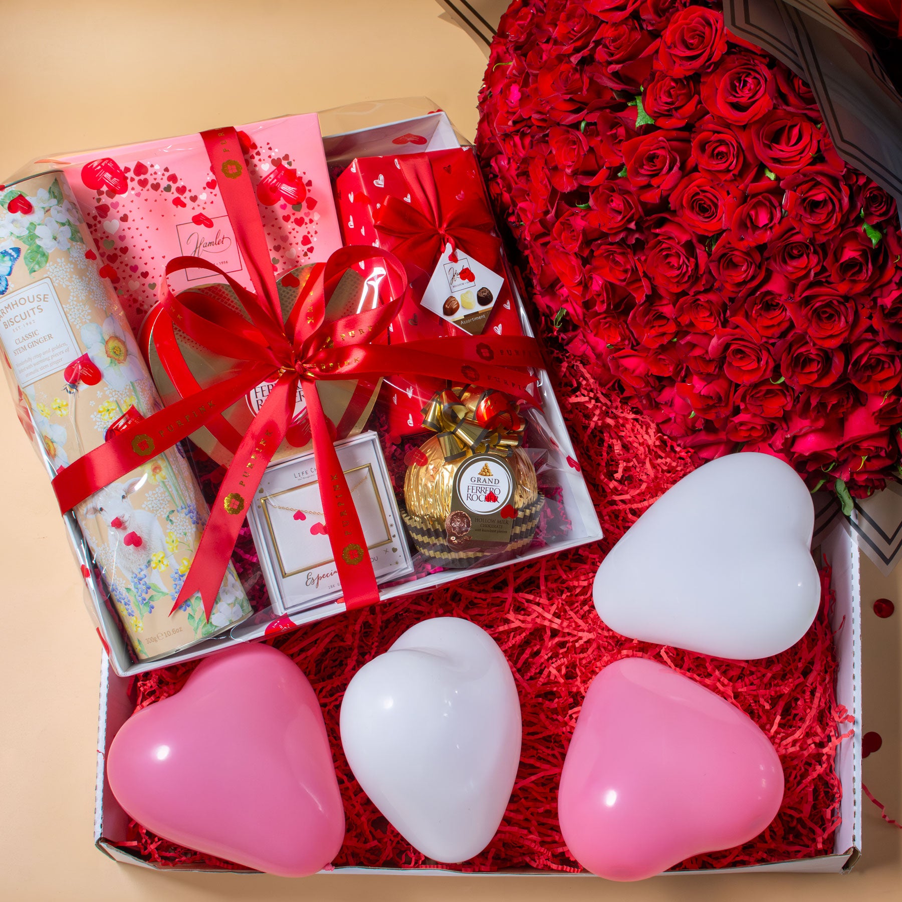 Amour 100 Red Roses & Chocolate Hamper With Necklace