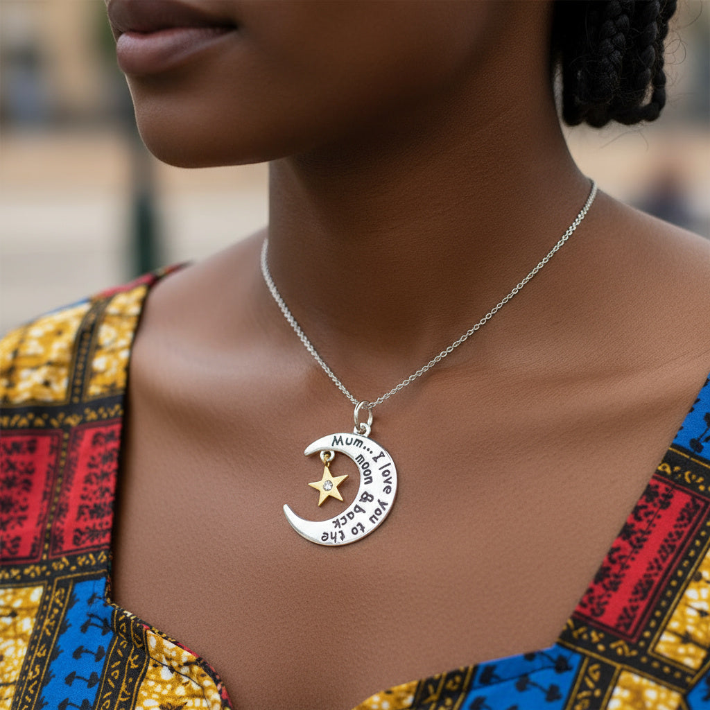 Equilibrium Silver Plated Moon & Star Message Necklace – Mum