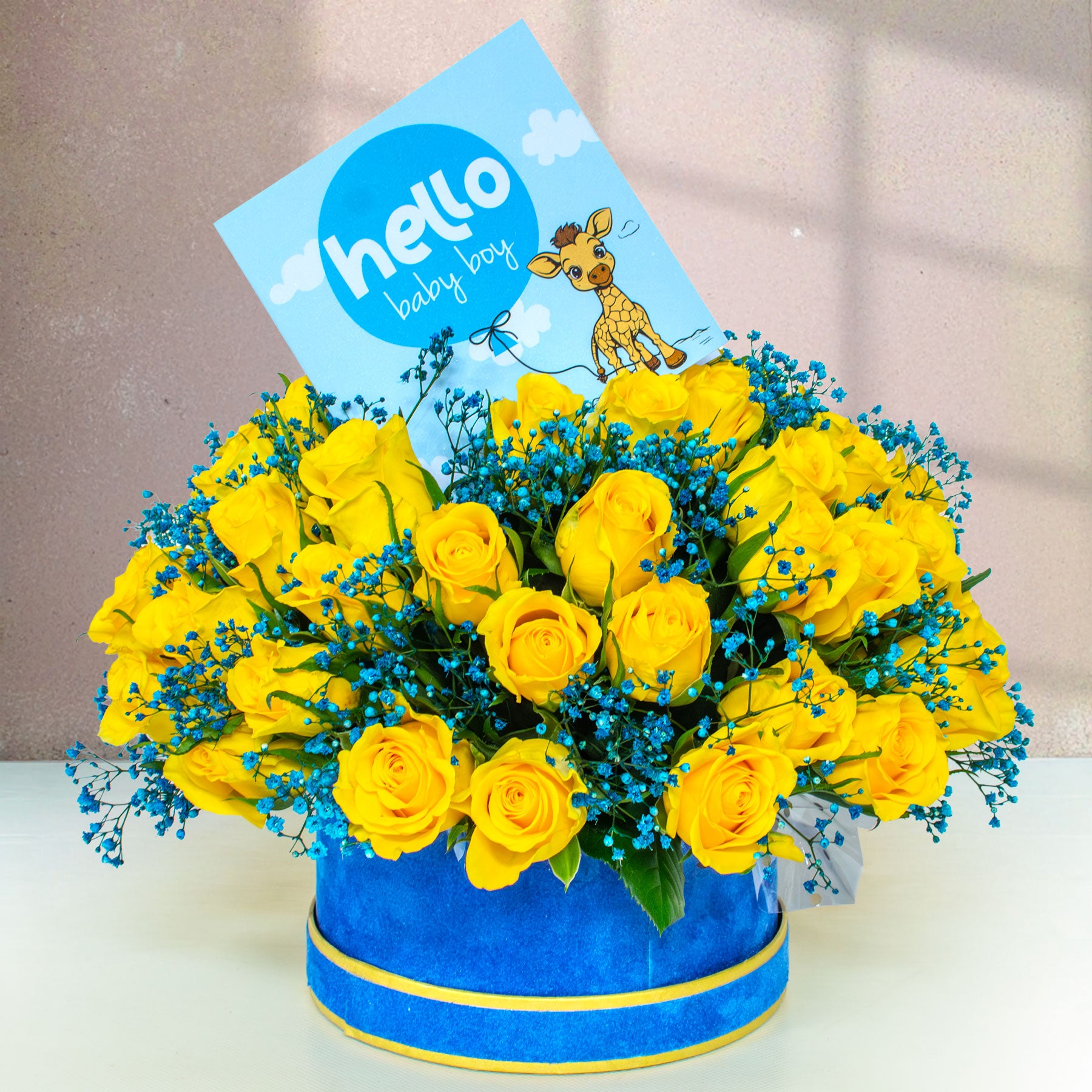 Breath of Bliss Flower Basket – Yellow Roses & Baby Boy Gift Arrangement