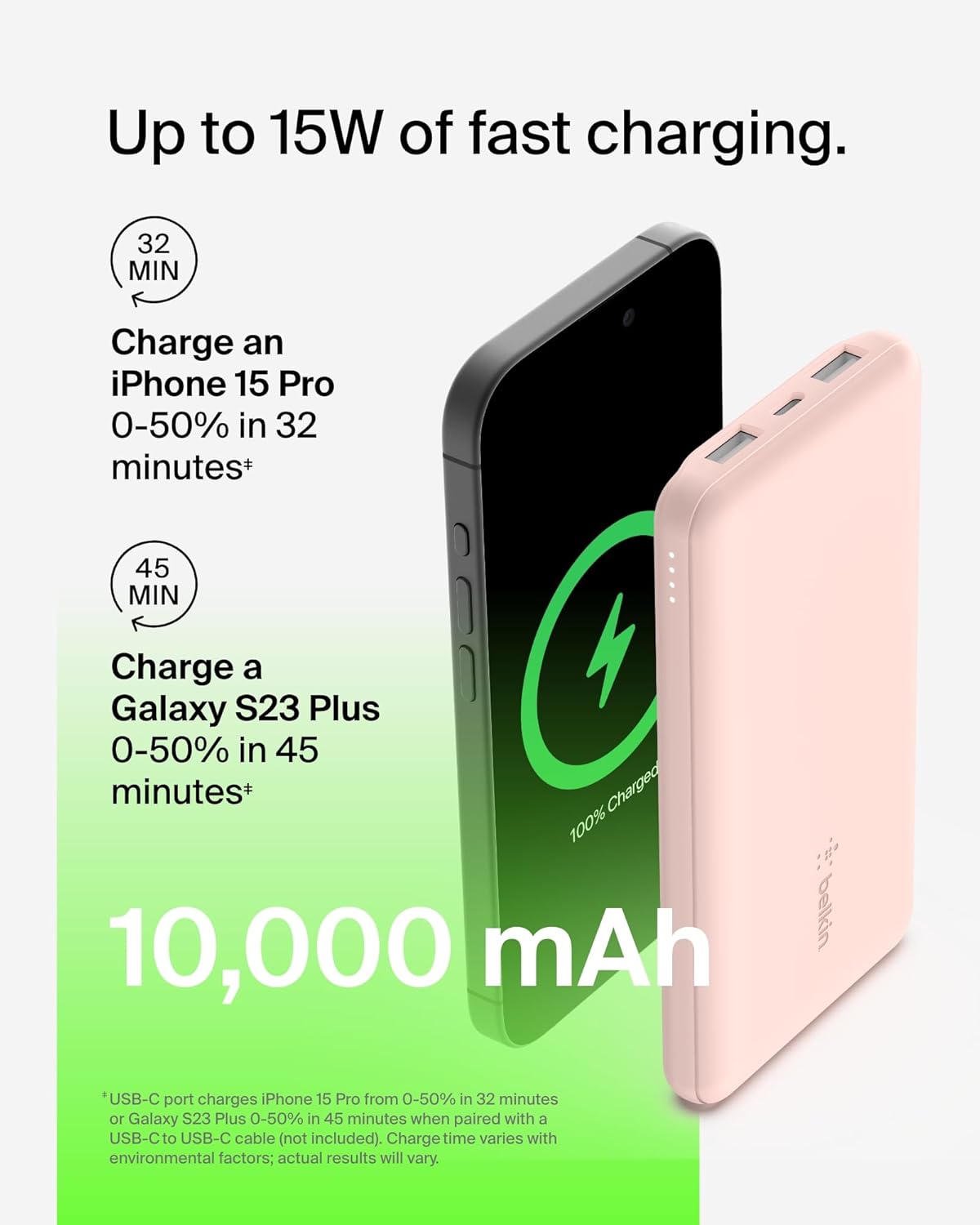 Belkin 10,000 mAh 15 W USB-C / USB-A Power Bank – Rose