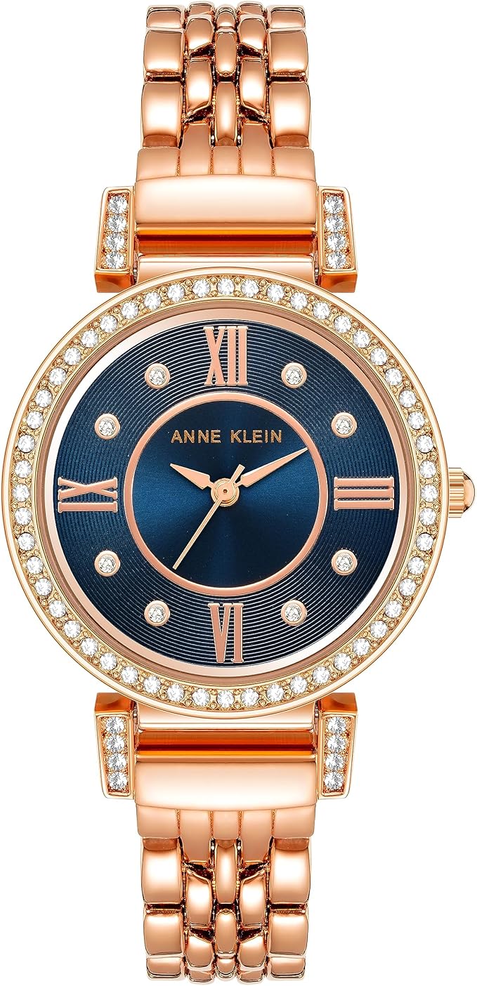 Anne Klein Rose Gold Crystal Bracelet Watch with Navy Dial