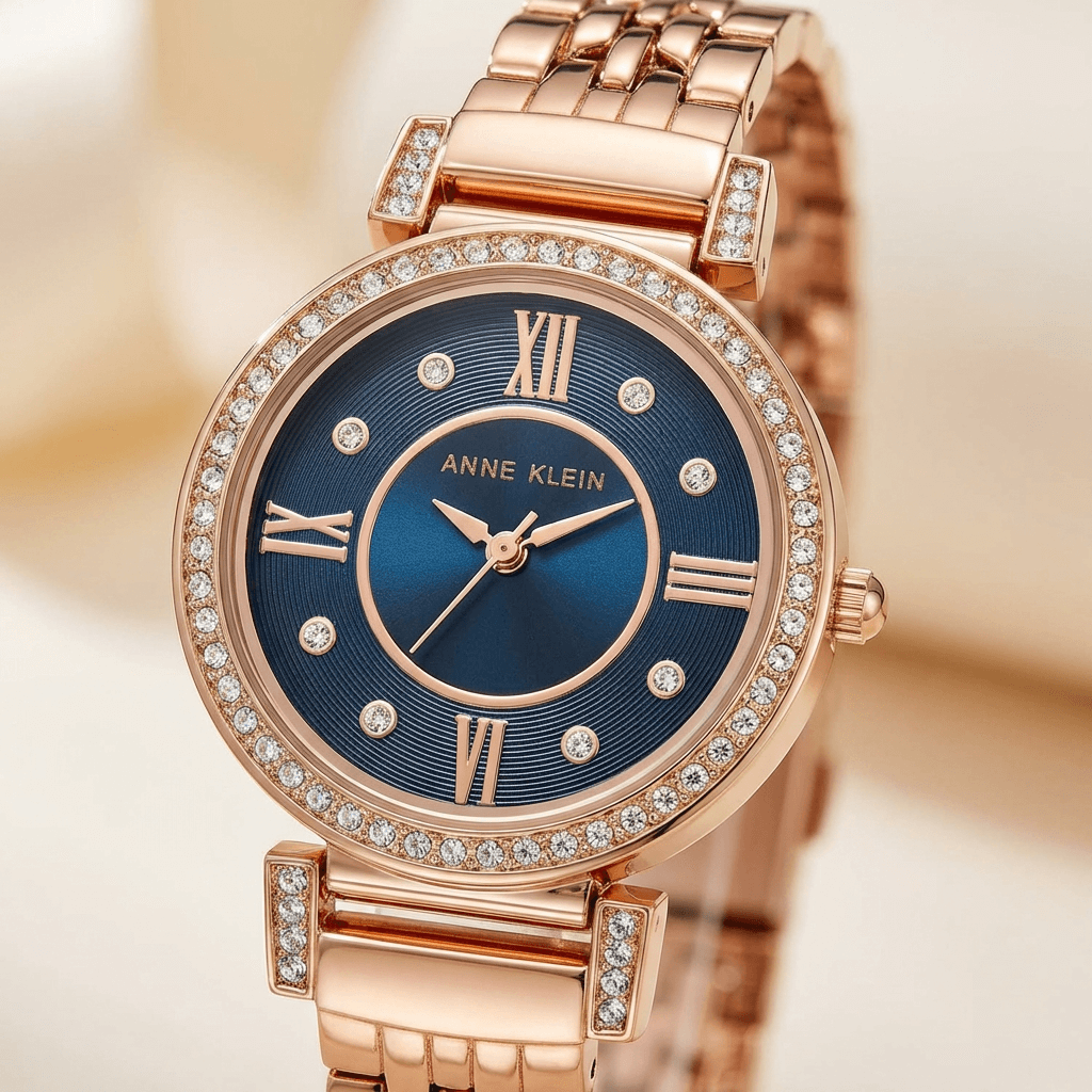 Anne Klein Rose Gold Crystal Bracelet Watch with Navy Dial