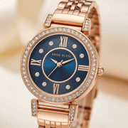 Anne Klein Rose Gold Crystal Bracelet Watch with Navy Dial
