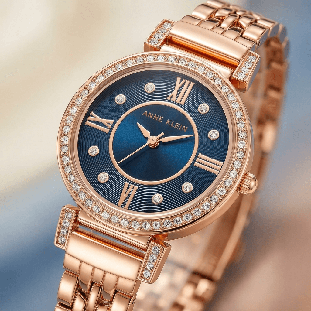 Anne Klein Rose Gold Crystal Bracelet Watch with Navy Dial