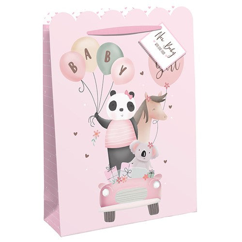 Baby Pink Panda Car White Kraft Gift Bag