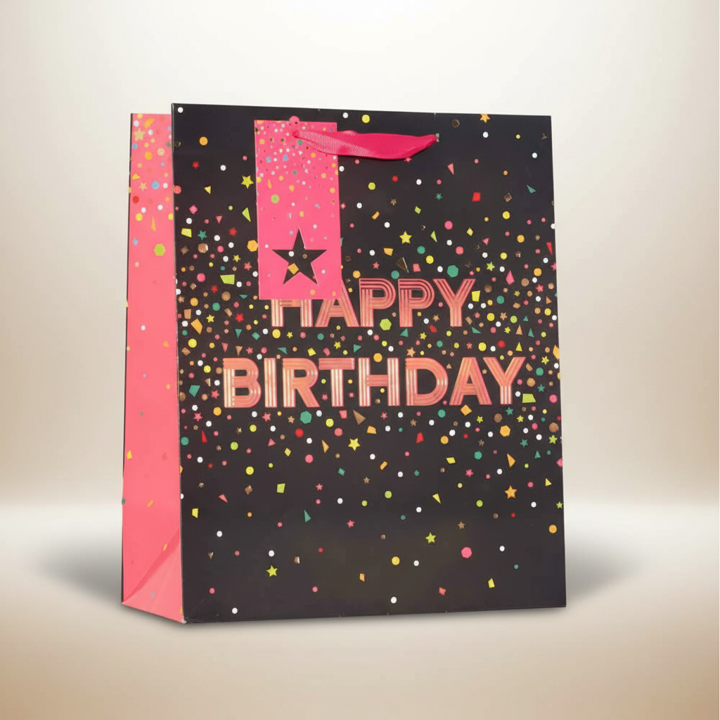 Happy Birthday Pink Gift Bag – Medium & Large Birthday Gift Bag with Name Tag