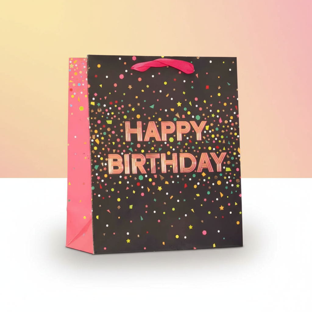 Happy Birthday Pink Gift Bag – Medium & Large Birthday Gift Bag with Name Tag