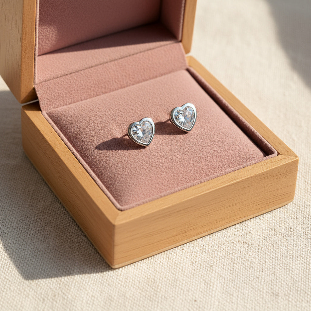 Small Crystal Heart Silver Studs