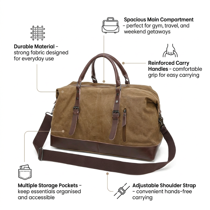 Canvas Travel Duffel Bag - Weekend & Gym Overnight Bag with Adjustable Shoulder Strap - 54 × 33 cm