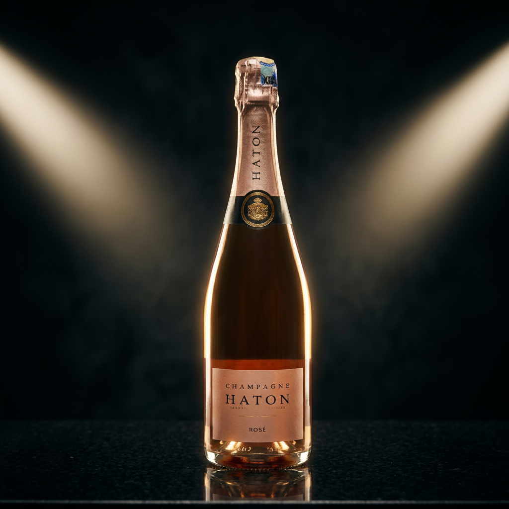 Bottle of Haton Rose Champagne on a dark background