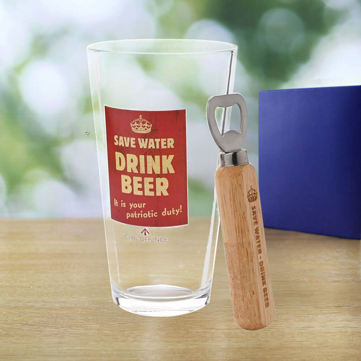 Civil Defence Pint Glass and Bottle Opener Set