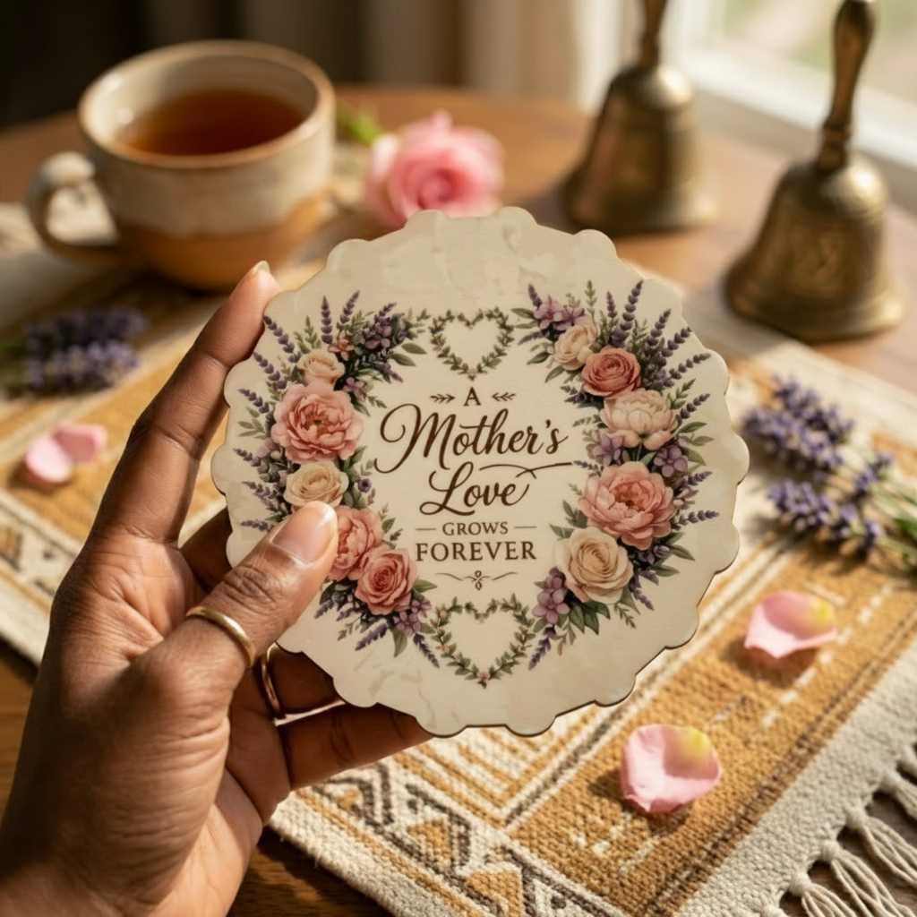 A Mother’s Love Scallop Shaped Coaster – 10 × 10 cm Single-Sided