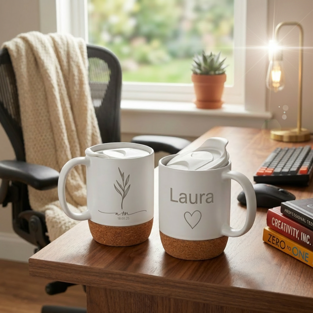 Personalised 13 oz Coffee Cup with Name & Floral Design - White Ceramic Mug with Cork Base