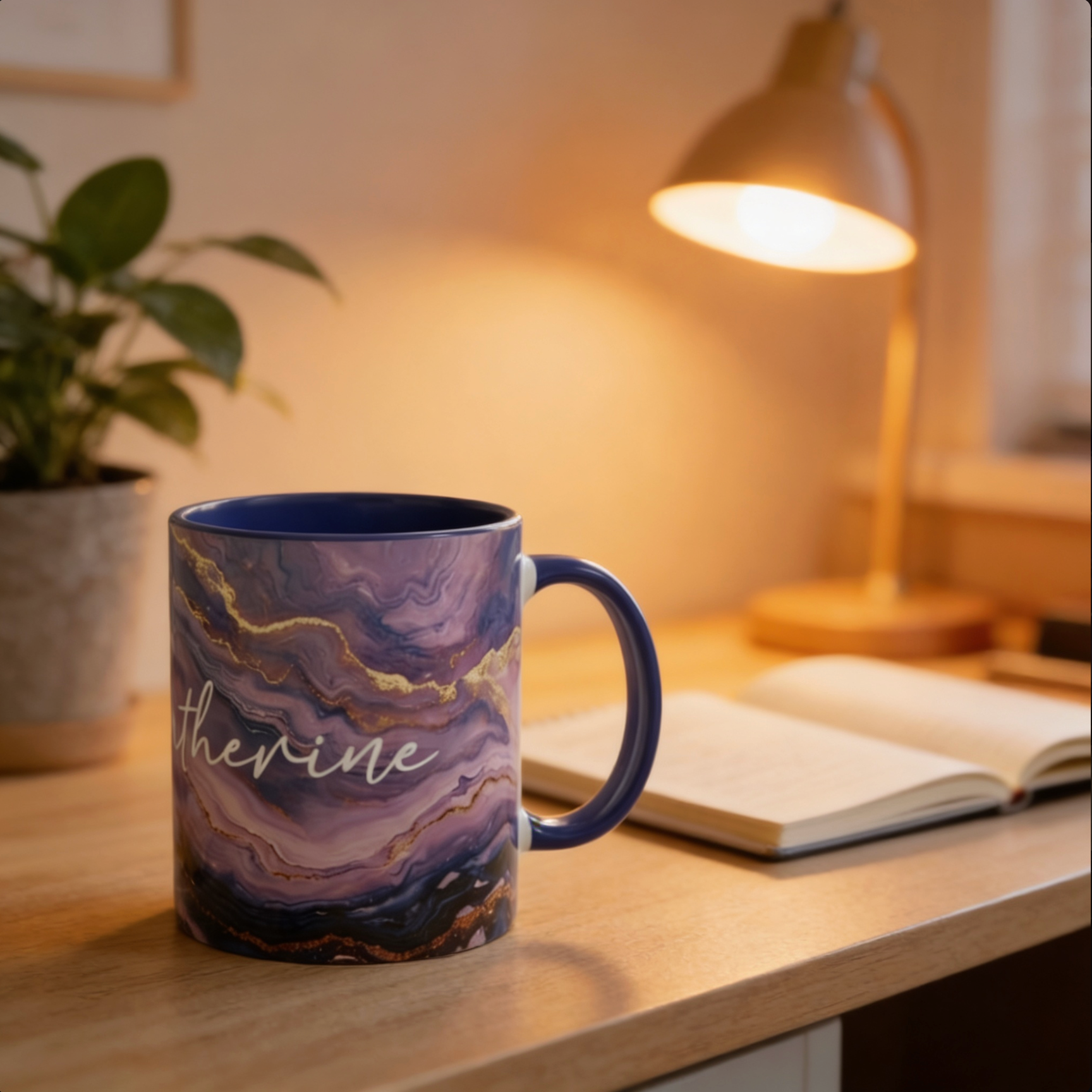 Personalised 11 oz Marble Inner-Colour Royal Blue Mug – Coloured Handle with Name