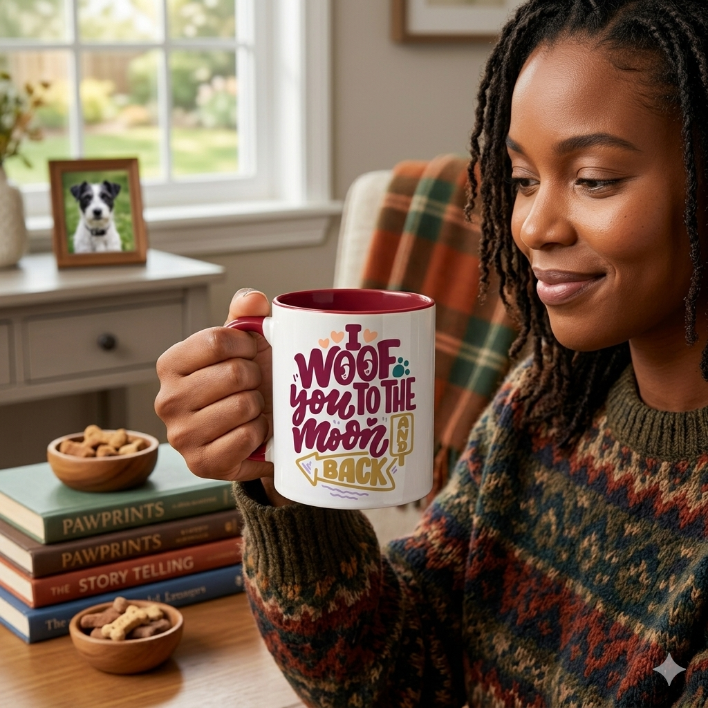 Personalised 11 oz Inner Colour Ceramic Mug (Red) – “I Woof You to the Moon and Back” Mug