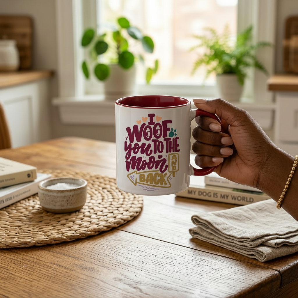 Personalised 11 oz Inner Colour Ceramic Mug (Red) – “I Woof You to the Moon and Back” Mug