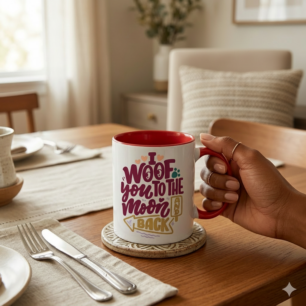 Personalised 11 oz Inner Colour Ceramic Mug (Red) – “I Woof You to the Moon and Back” Mug