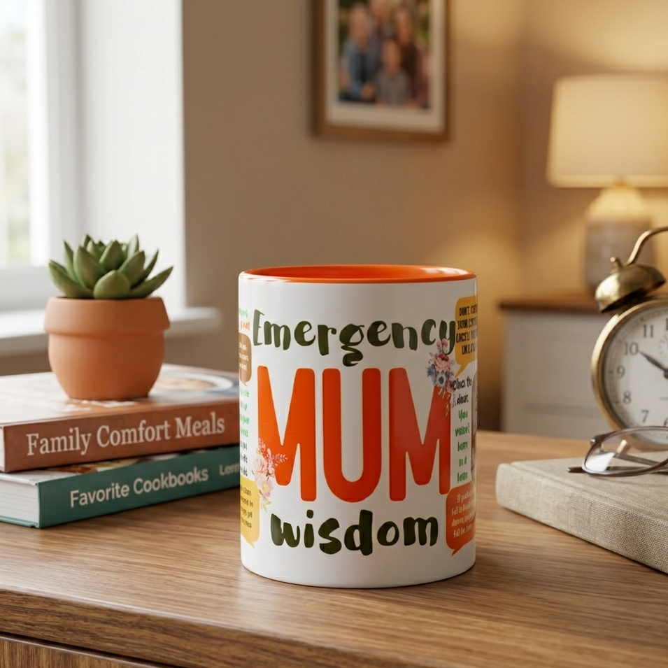 Personalised 11 oz Inner Colour Ceramic Mug – “Emergency Mum Wisdom” Coffee Mug