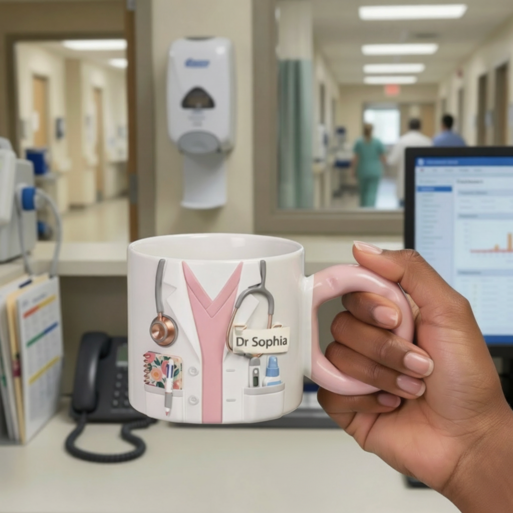 Personalised 110 oz Sublimation Big Handle Mug – Doctor Artwork Mug with Custom Name Tag (Light Blue / Pink)