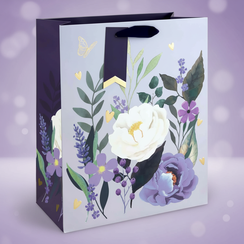 Elegant Floral Gift Bag – Small, Medium & Large Gift Bag with Navy Ribbon Handles