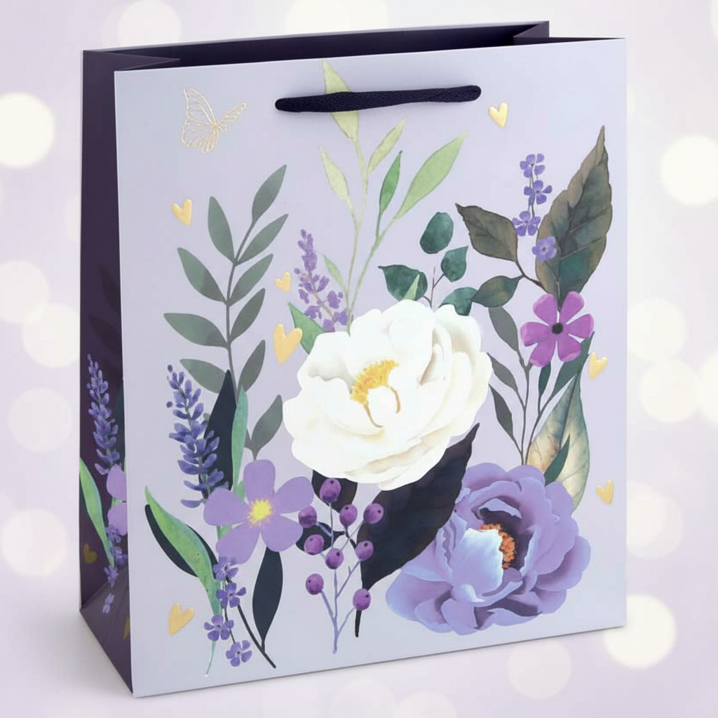 Elegant Floral Gift Bag – Small, Medium & Large Gift Bag with Navy Ribbon Handles