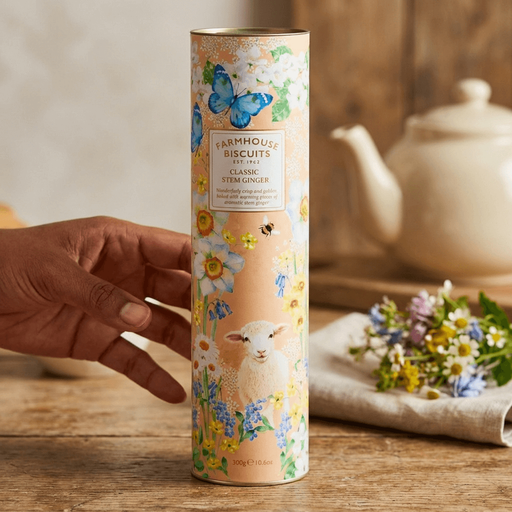 Farmhouse Classic Stem Ginger Biscuits – Floral Gift Tube (300g)