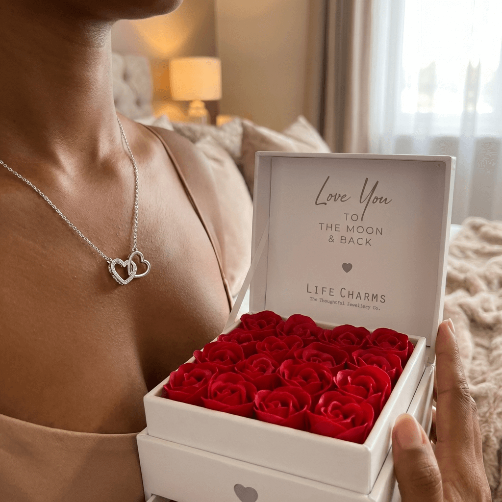Love You to the Moon & Back – Double Heart Necklace Flower Box Gift