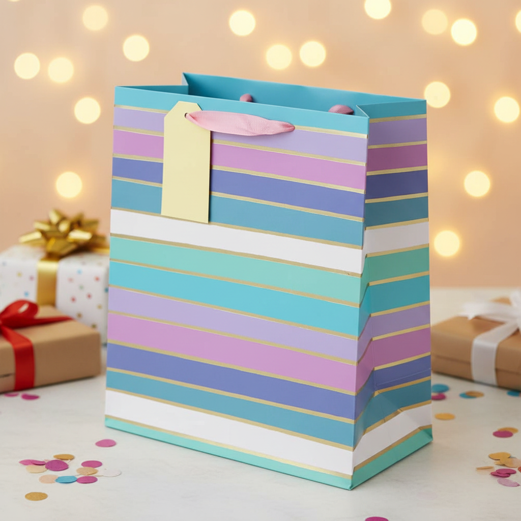 Female Stripes Gift Bag – Medium & Large Gift Bag with Pink Ribbon Handles
