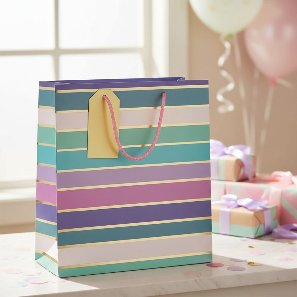 Female Stripes Gift Bag – Medium & Large Gift Bag with Pink Ribbon Handles
