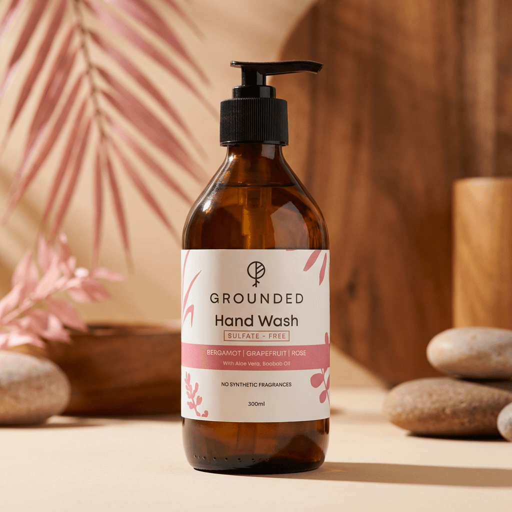 Bottle of Grounded hand wash with a pump on a wooden surface with a blurred natural background