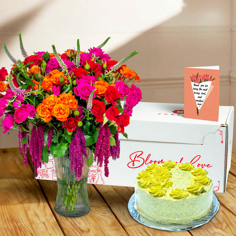 May Gift of the Month Lemon Blueberry Cake 1KG - Flame & Fuchsia Fantasy Flower Bouquet