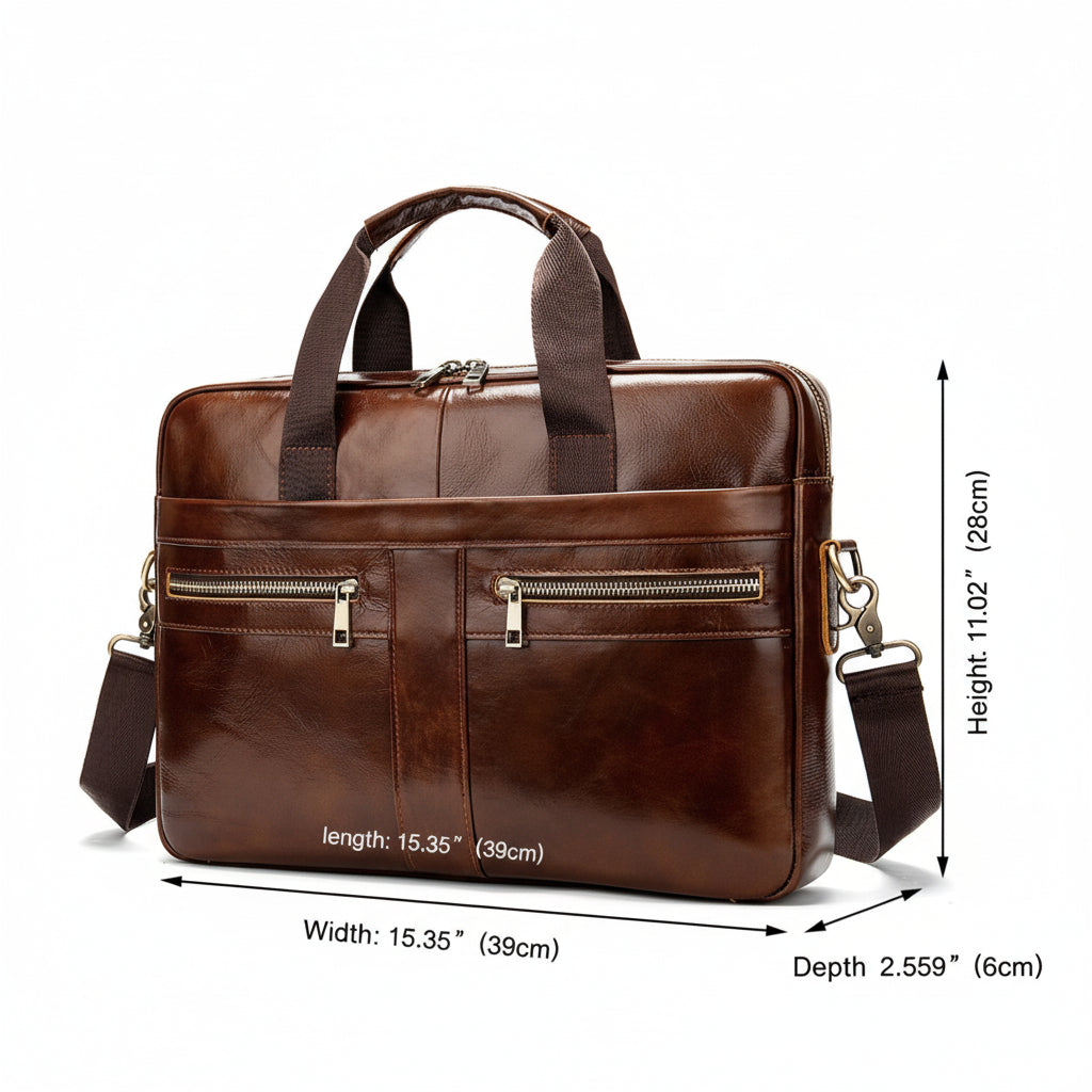Brown leather briefcase with measurements on a white background