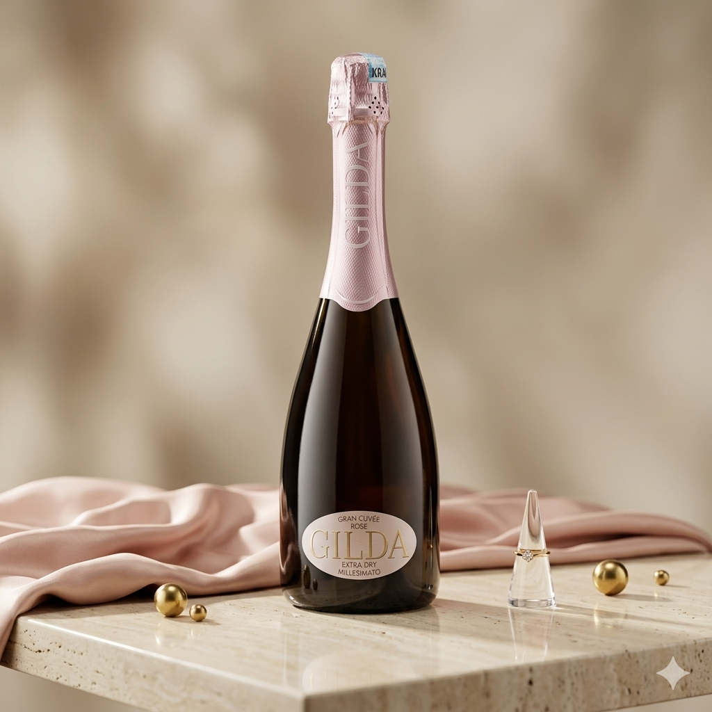 Bottle of Gilda sparkling wine on a marble surface with a soft pink background