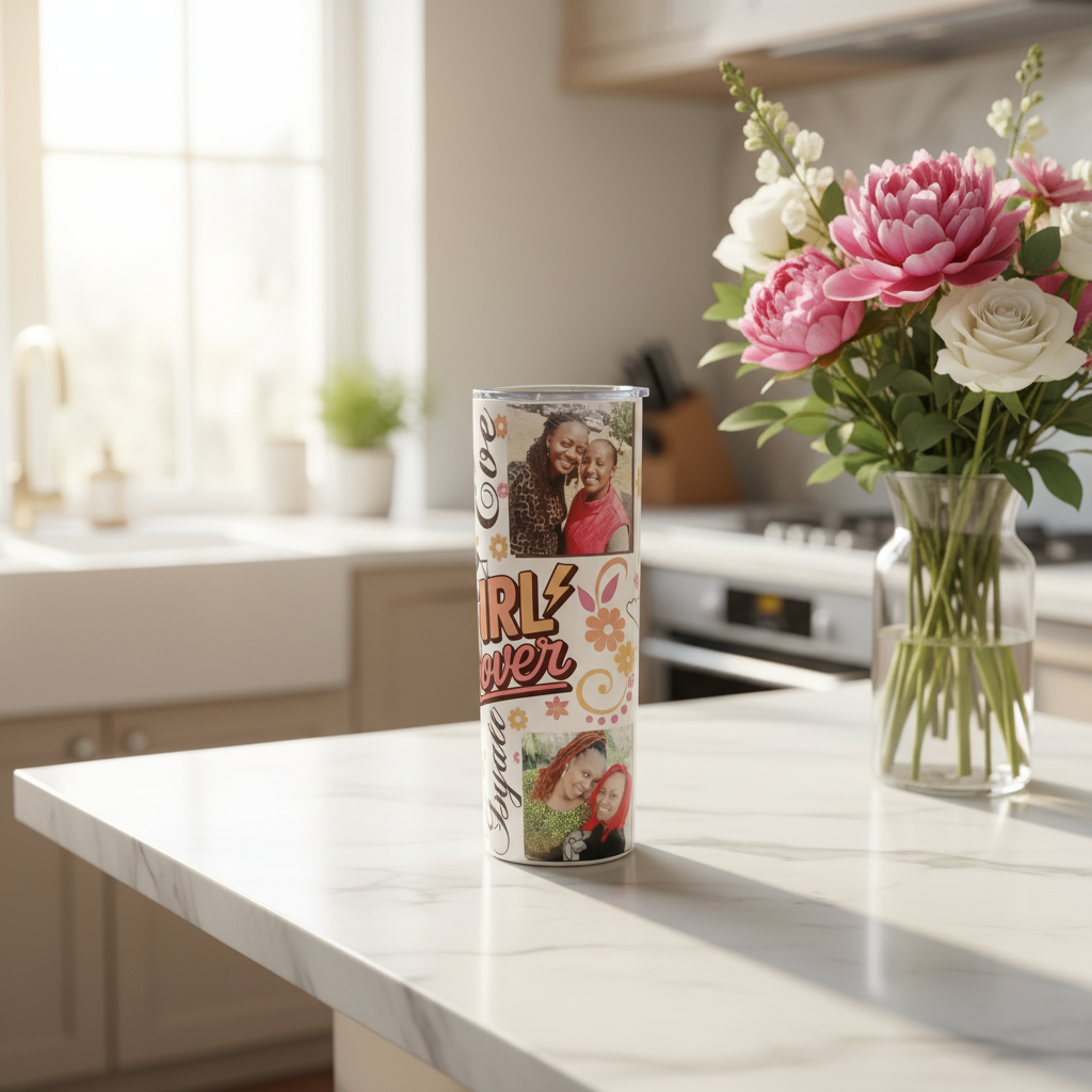 Personalised Slim Power Girl’s Stainless Steel Tumbler – 20 oz with Photo & Name