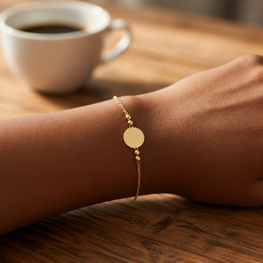 Gold bracelet with a floral charm on a wrist, next to a cup of coffee on a wooden surface.