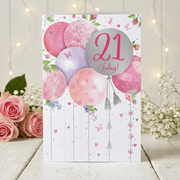 21st Celebration Card – Pink Balloons & Florals