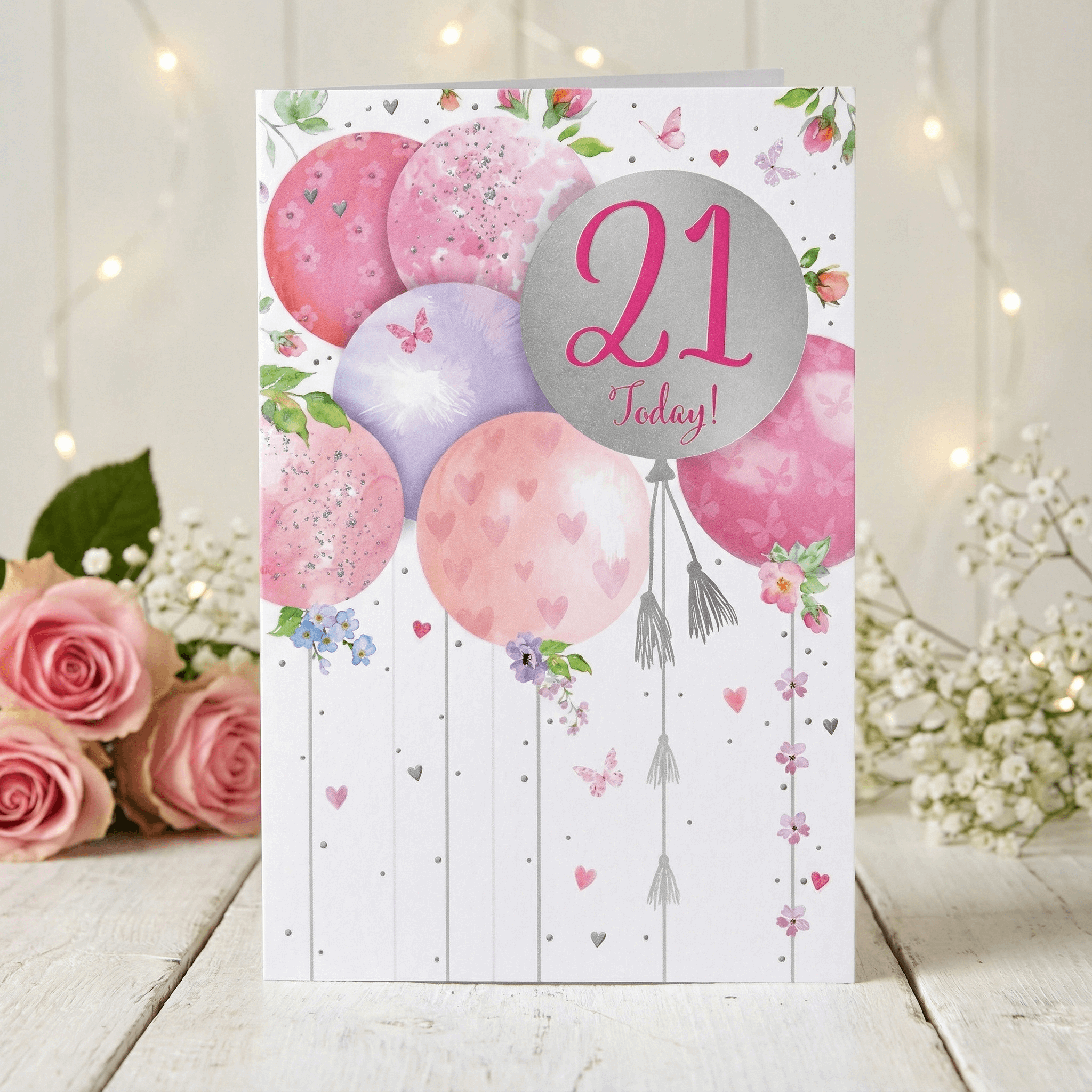 21st Celebration Card – Pink Balloons & Florals