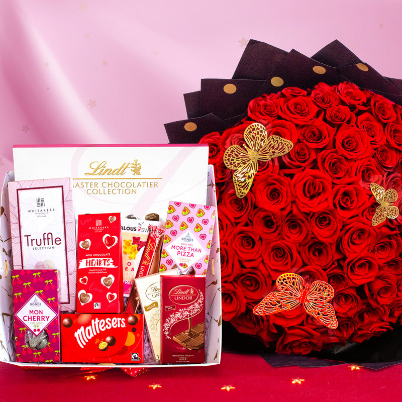 Amour 100 Red Roses with Chocolate Hamper